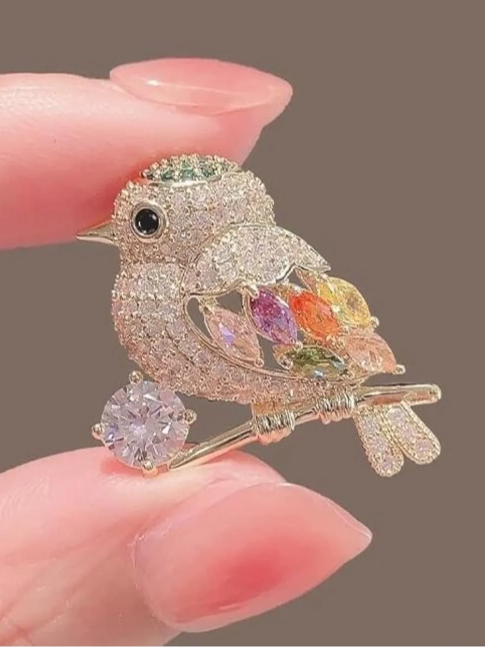 Gold-Tone Multicolor Crystal Bird Brooch